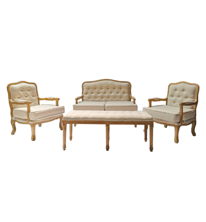 Conjunto de mobiliário, Louis, constituído por duas poltronas, uma banqueta e um sofá em estilo romântico, perfeito para casamentos, batizados, etc.